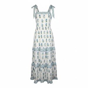 Mainstrip White Blue Floral Cottagecore Smocked Tier SunDress Large